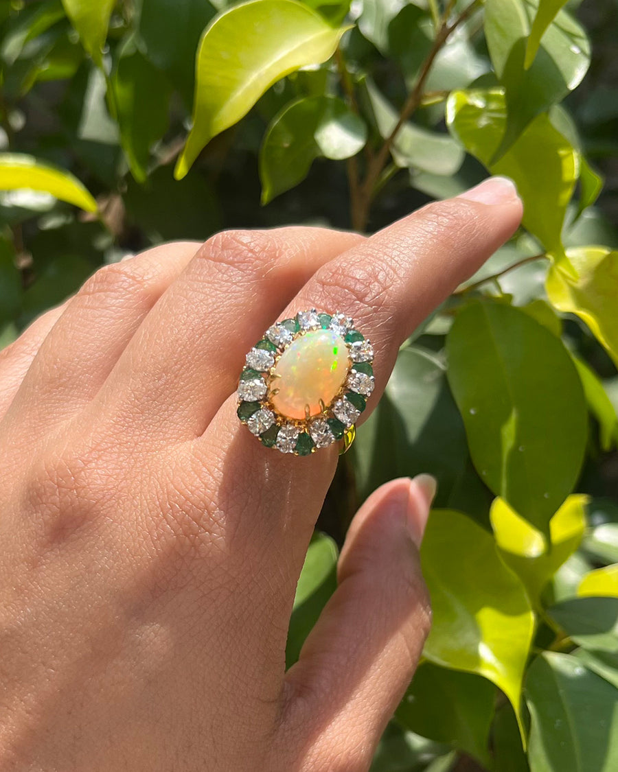 Opal Ring with Oval diamonds and Emerald in 14KT Gold