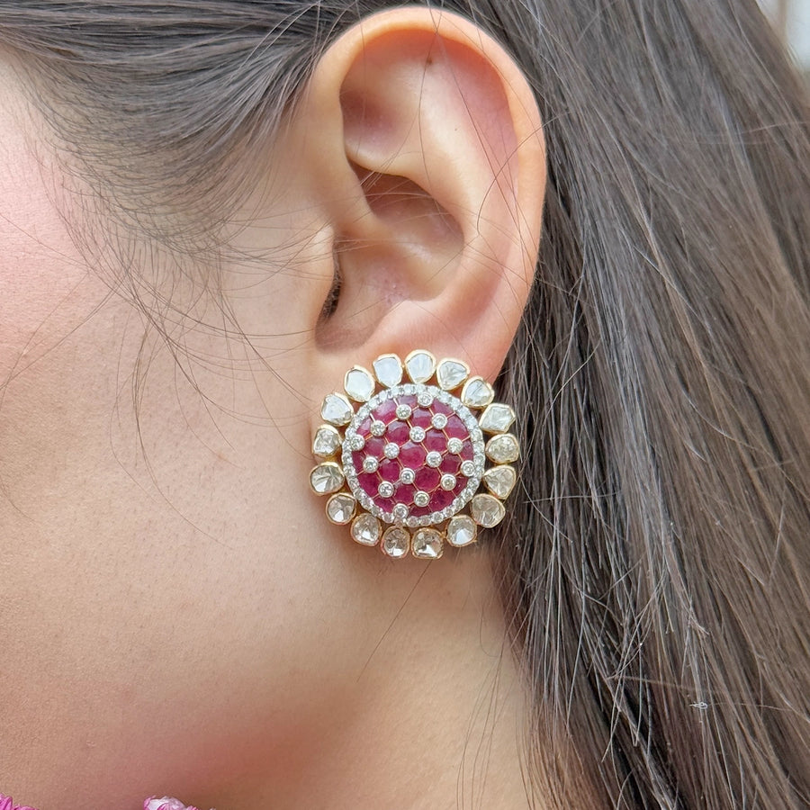 Checkered Ruby Polki Earrings